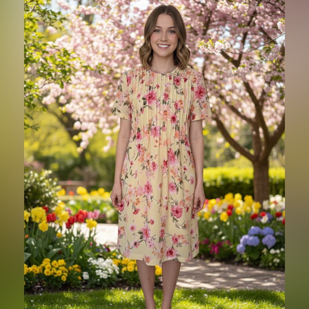 Miss Dorby VINTAGE Floral Pastel Short Sleeve Dress Yellow 6 Petite